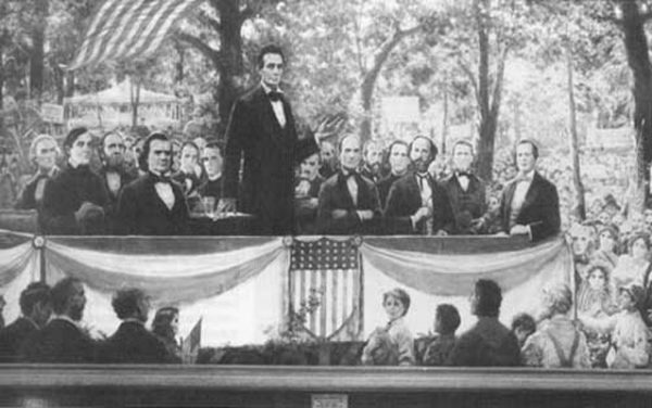 Abraham Lincoln speaks at the presidential debate of 1858