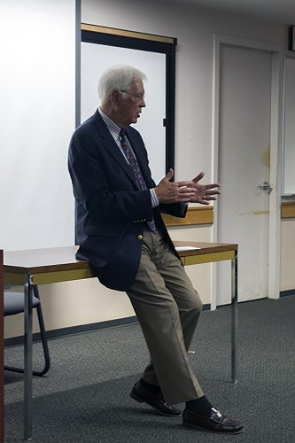 Talk Radio host and political commentator Bill Press addresses Fowler's class. Fowler often has politicians, those involved in government and members of the media visit his class to speak to students.